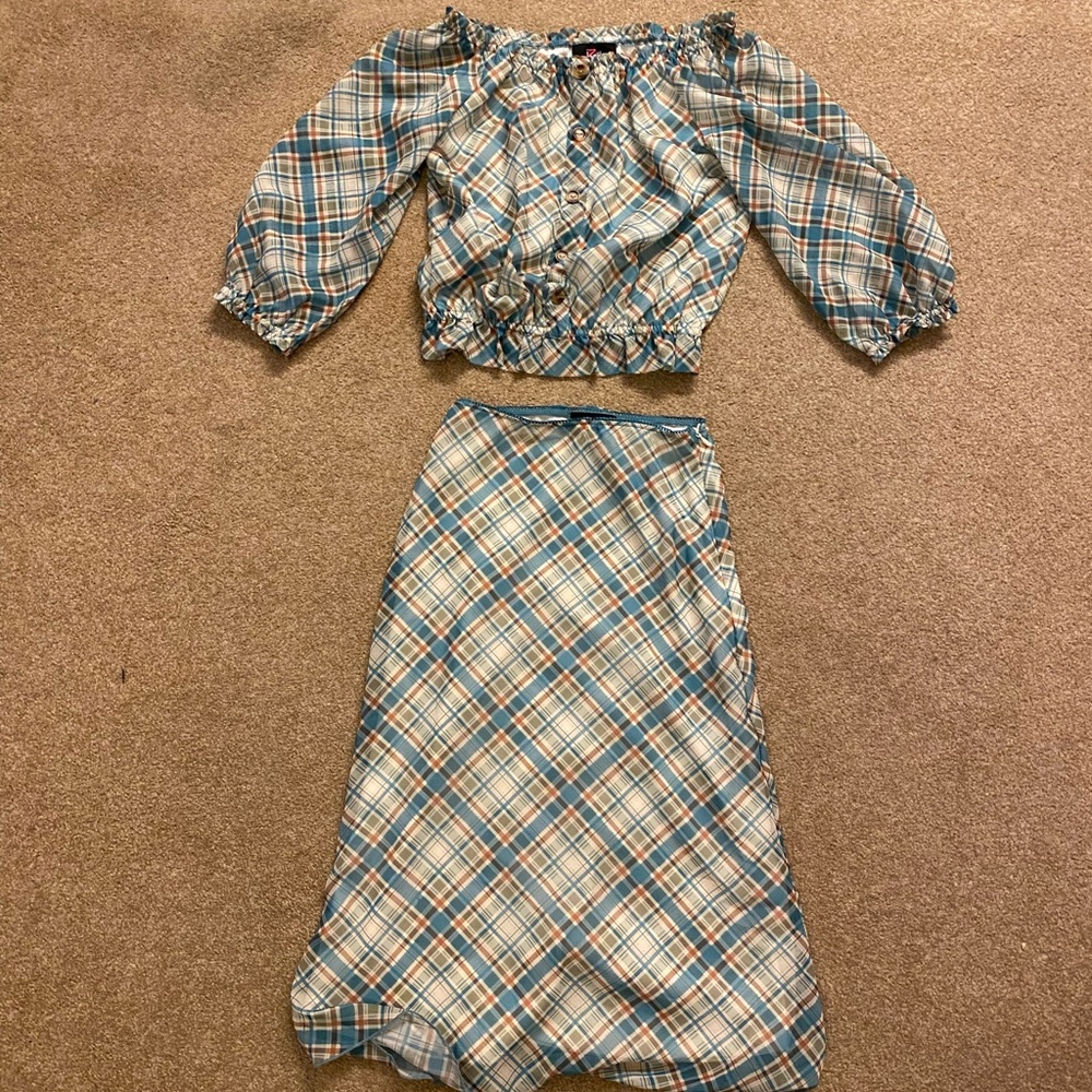 Iz Byer Blue and Tan Plaid Skirt Set